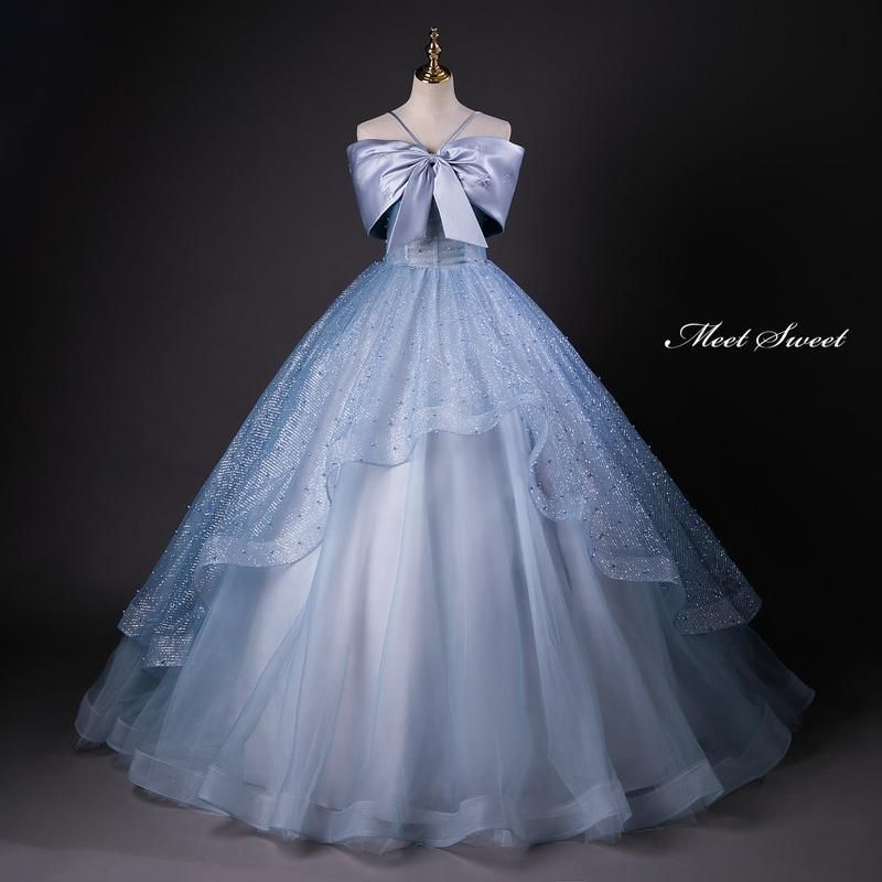 全 ロングフォーマルドレス プリンセスカット ブルー フリルアクセント リボンディテール パール刺繍 結婚式二次会 前撮り 発表会 舞台用ドレス 花嫁向け衣装 4906