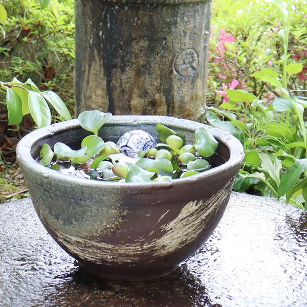 陶器製 水鉢 青緑色と黒のグラデーション