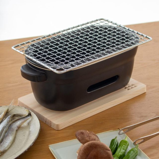 陶の炭火コンロ 角 黒 角網 敷板付き 水コンロ 卓上 陶器 萬古焼