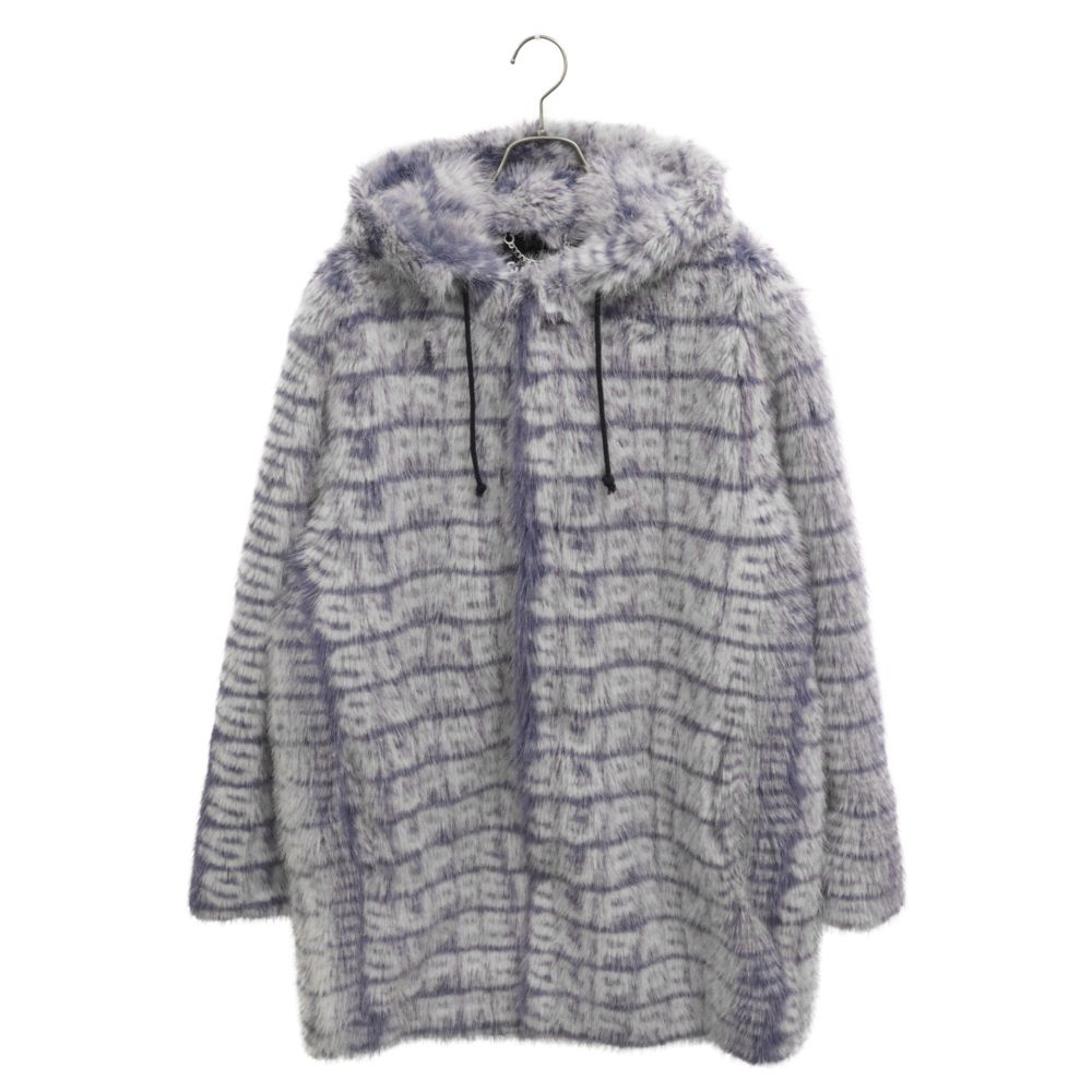 未使用品□Supreme シュプリーム 22SS Fur Hooded Coat ロゴ総柄 スナップボタン フェイクファー フーデッドコート ネイビー L 正規品 メンズ SUPREME (シュプリーム) 22SS Faux Fur Hooded Coat フェイクファー