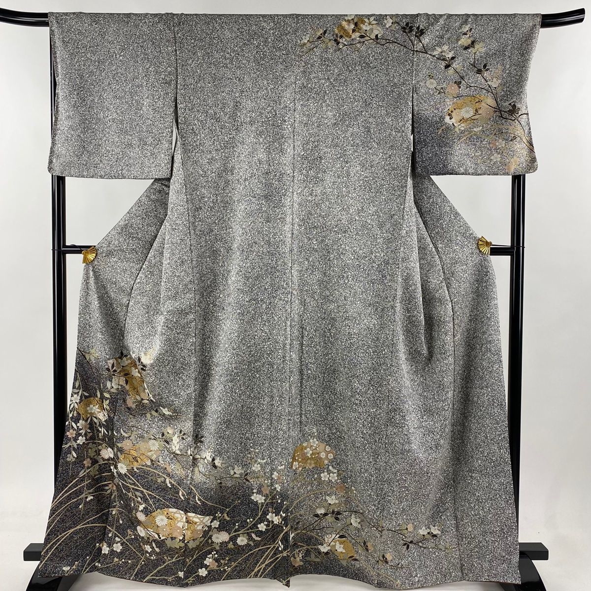 訪問着 身丈156.5cm 裄丈68cm L 袷 扇面 草花 金彩 ぼかし 黒灰 正絹 秀品