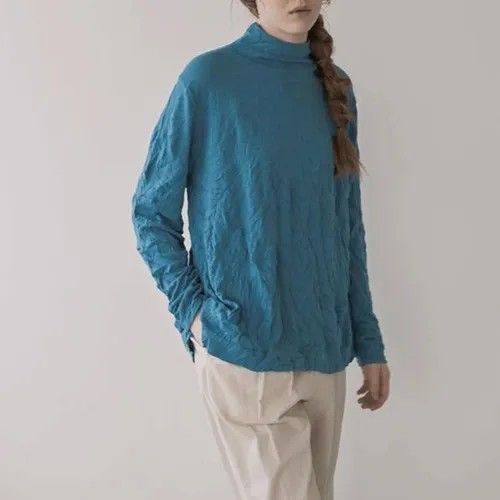  akane ボトルネック ハイネック カットソー レディース 長袖 ニット プルオーバー シワ加工 ブルー 長袖 Tシャツ カットソー