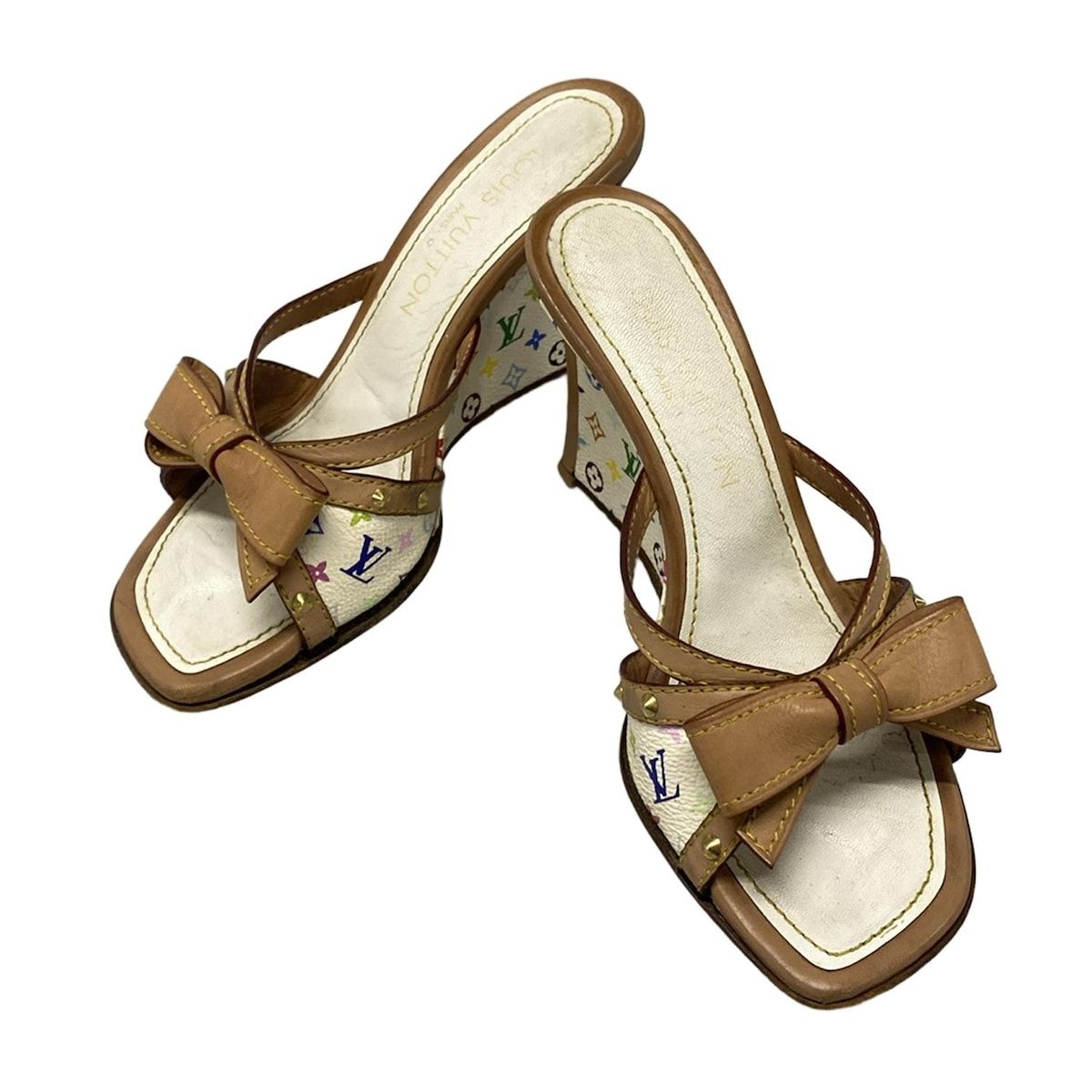 LOUIS VUITTON ルイヴィトン ミュール 36 レディース - 白×ベージュ×マルチ リボン|モノグラムマルチカラー|アウトソール張替済