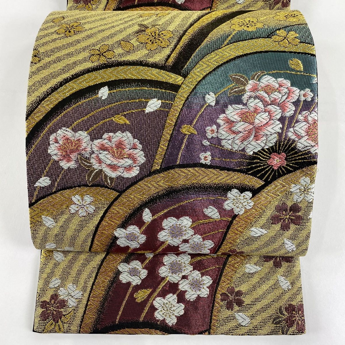 袋帯 秀品 桜 波 金糸 刺繍 紫 六通 正絹