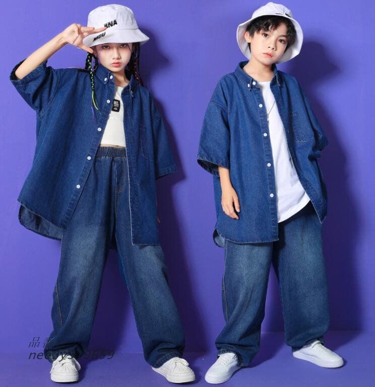 子供服~ジュニア ダンスウェア ヒップホップ ジャズダンス 男女兼用 デニムシャツ デニムパンツ パンツセット ストリートダンス 普段着 2点セット nee3y919659