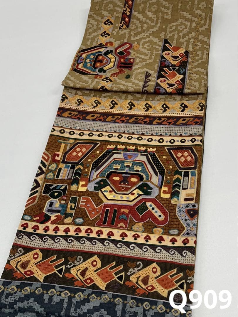 相良刺繍 汕頭刺繍 紬地 袋帯 古代壁画文 カラー芯 正絹 お太鼓柄