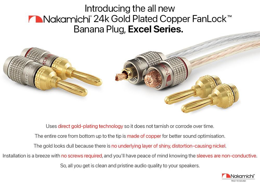 Nakamichi FanLock Excel シリーズ 24k 金メッキ バナナプラグ 10 AWG - 18 AWG ゲージ サイズ 4mm スピーカー アンプ Hi-Fi ステレオ ホームシアター ラジオ オーディオ ワイヤ ケーブル AV レシー