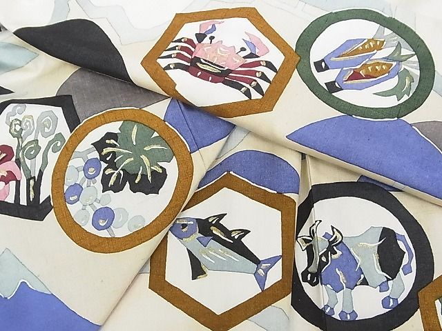 平和屋本店■極上 希少柄 訪問着・袋帯セット 紬地 型絵染 日本地図特産品 富士山 金彩 着丈165cm 裄丈65.5cm 正絹 逸品 3kk3900 平和屋本店□極上 希少柄 訪問着・袋帯セット 紬地 型絵染 日本地図