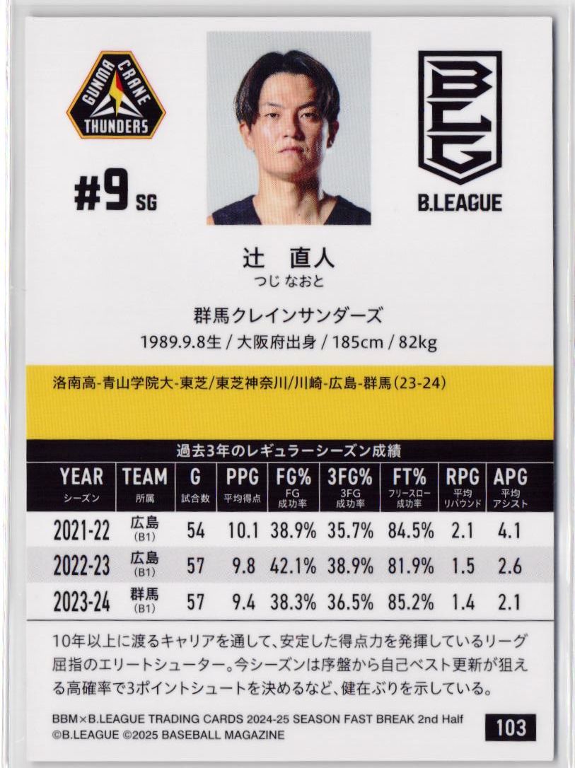 辻直人 群馬クレインサンダーズ レギュラーカード BBM Bリーグ 辻直人 群馬クレインサンダーズ レギュラーカード BBM Bリーグ