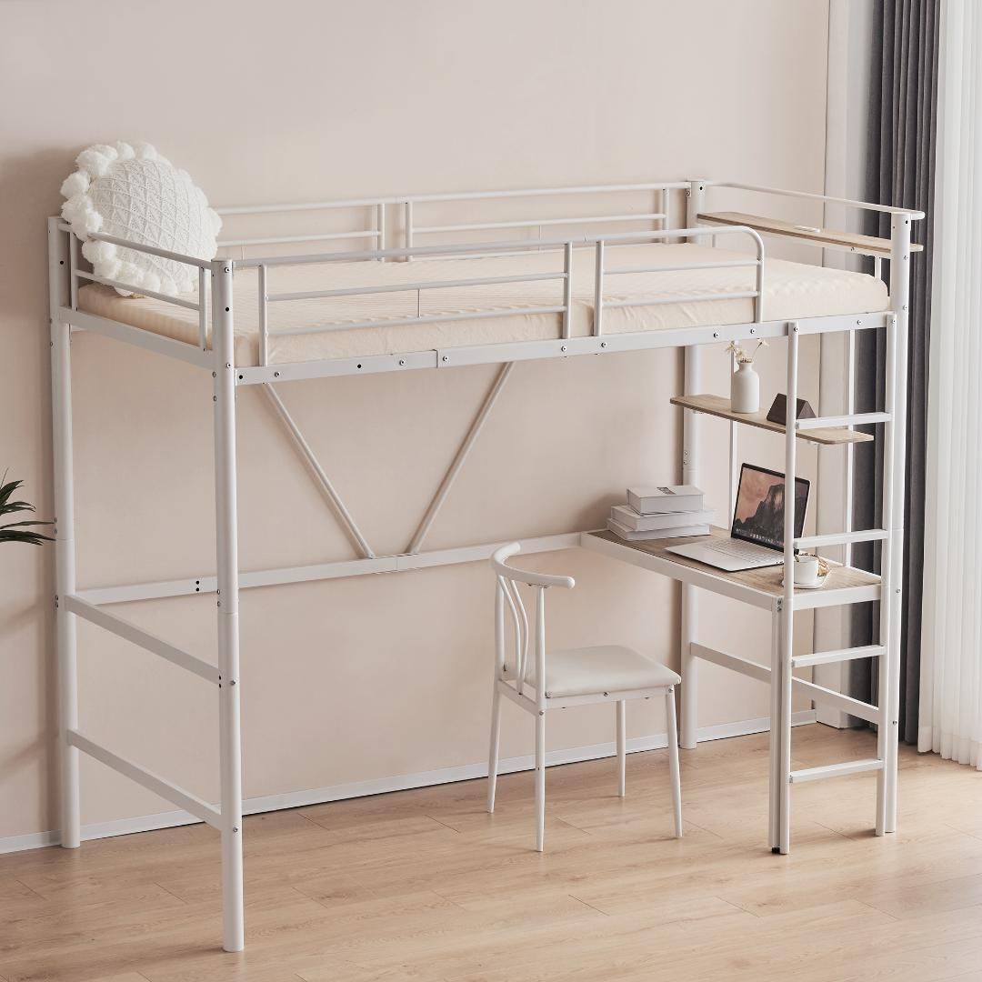 10cm厚さマットレス付き】ロフトベッド 階段付き S シングル パイプベッド