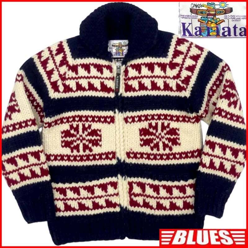 カウチン セーター kanata ニット L カナダ製 カナタ 総柄 ウール 雪柄 ハンドニット 赤 紺 ネイビー カウチンセーターサイズL一覧←SEULB屋着古← TJ1105