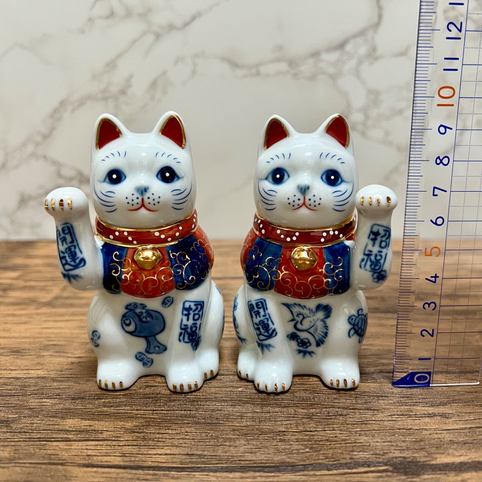 薬師窯 染付 開運招福 招き猫 右手＆左手 セット 3.5号 9.5cm