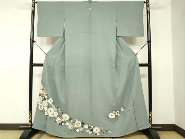 (あ867)振袖用長襦袢㊗️絞り染め 落ち着いた若草色 花模様は手描き✨ 平和屋着物□豪華色留袖 刺繍 花唐草文 金彩 正絹 逸品