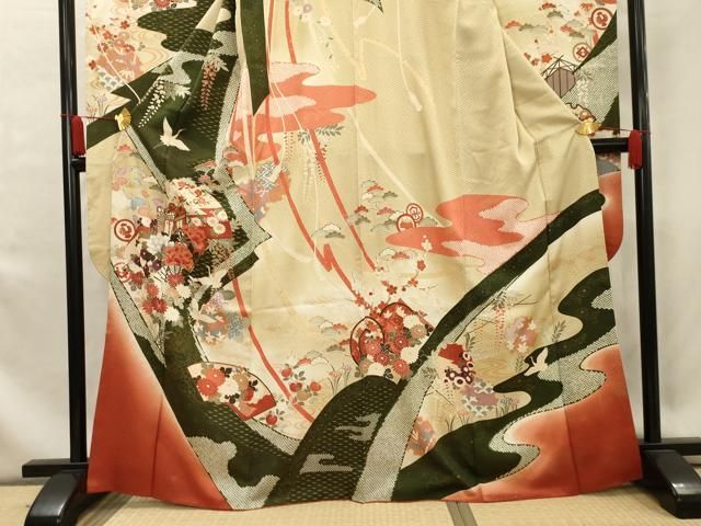 平和屋本店□極上 訪問着 駒刺繍 宝尽くし飛鶴文 紺地 逸品 未