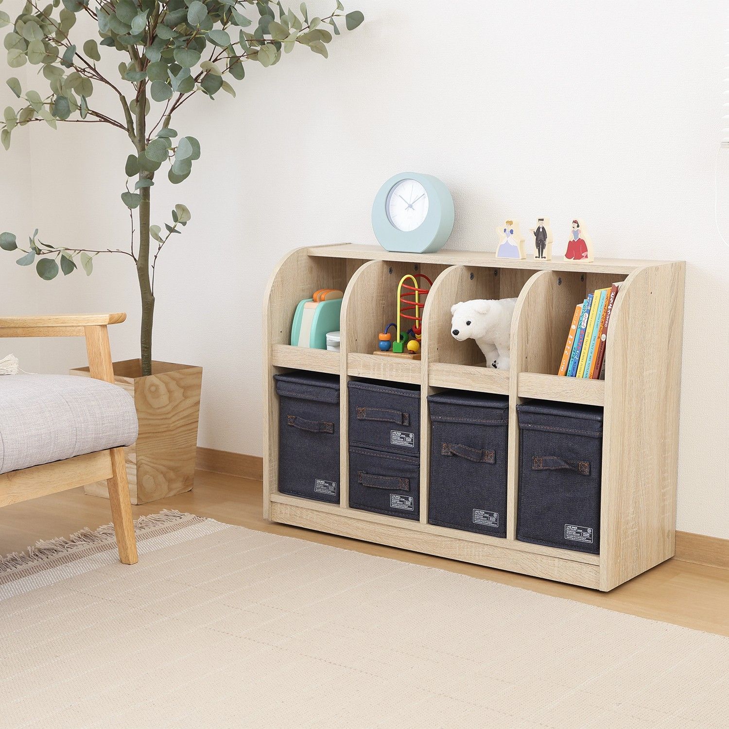 ♪子供用 ブックラック オーク ナチュラル 幅87cm 子供部屋 本棚 キッズ おもちゃ箱 おもちゃ