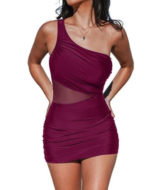 送料無料 カップシー レディース ワンピース トップス Women s Asymmetrical Mesh Waist Swim Dress Dark red
