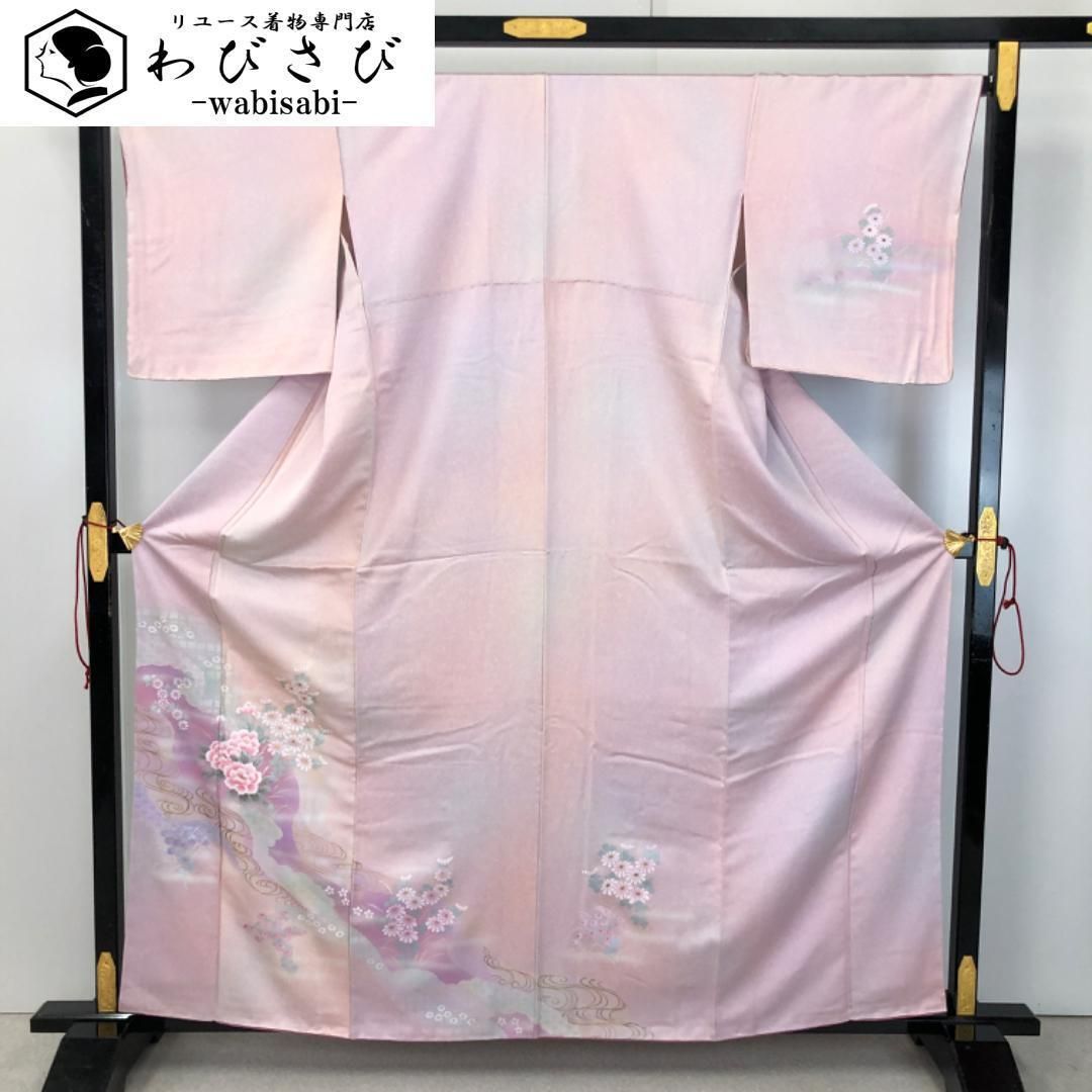 訪問着 流水に美しい花模様 花七宝 白梅色 金銀糸 K-4795