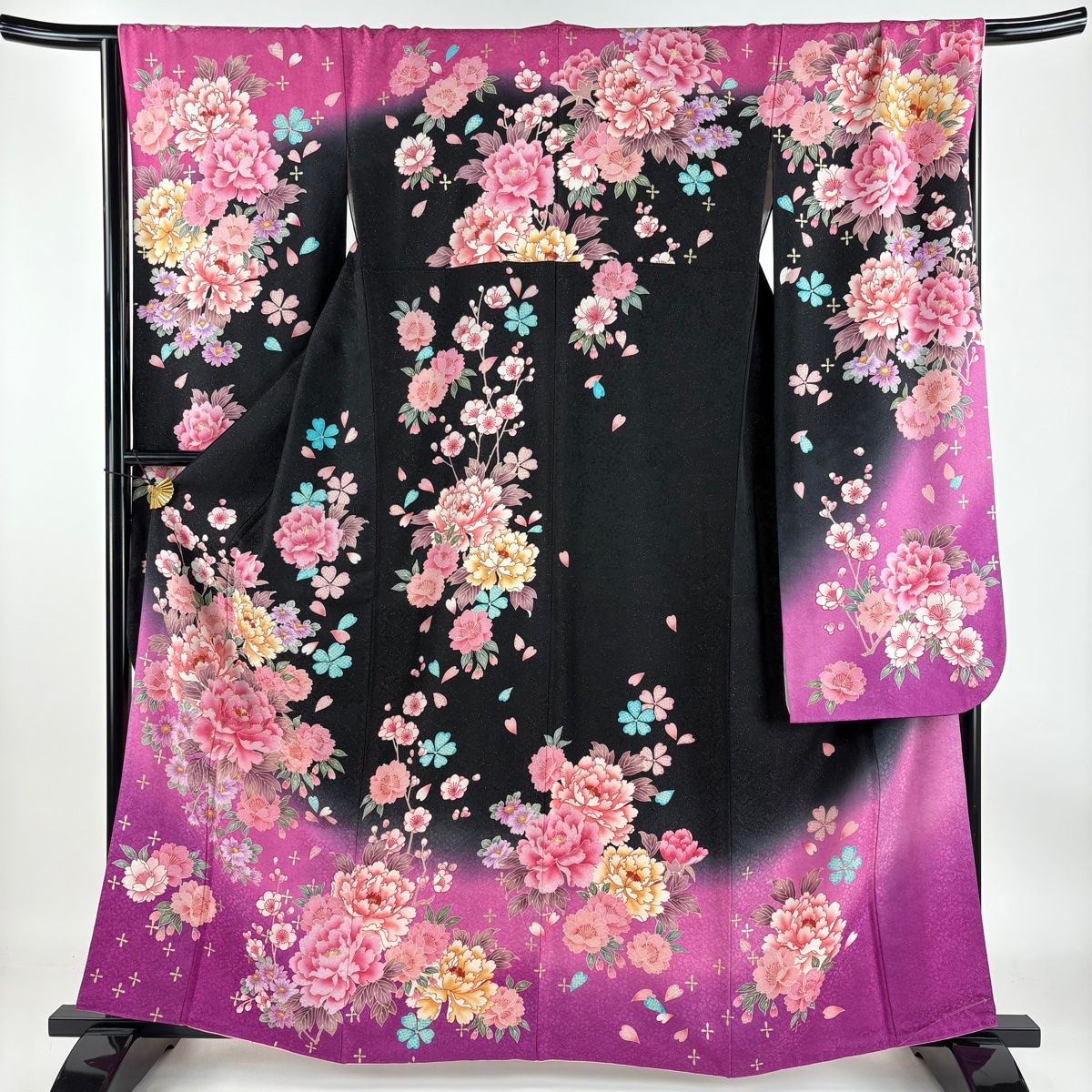 振袖 身丈168cm 裄丈68cm L 袷 牡丹 桜 銀通し 銀彩 赤 正絹 美品 逸品 中古 振袖 身丈157.5cm 裄丈68cm L 袷 牡丹 桜 金銀彩 銀通し 黒 正絹 逸品