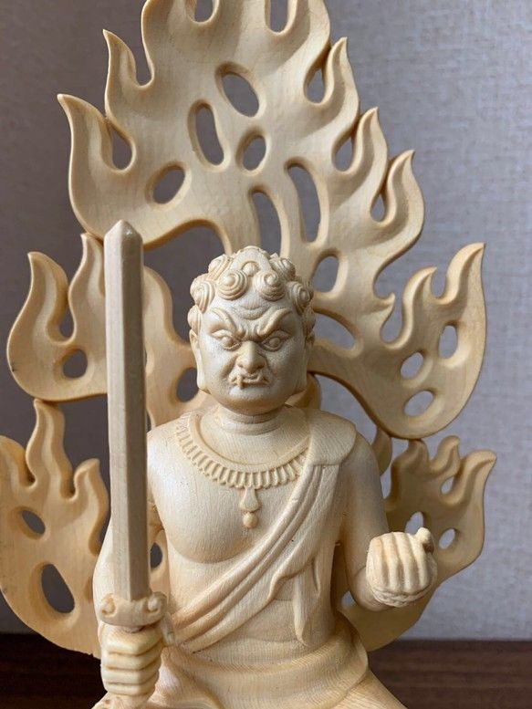 仏像 木彫 不動明王像 檜木 (約)高28cm×幅10cm×奥行8cm 仏像 不動明王 不動明王像 檜木 木彫 仏具 (約)高28cm×幅10cm×