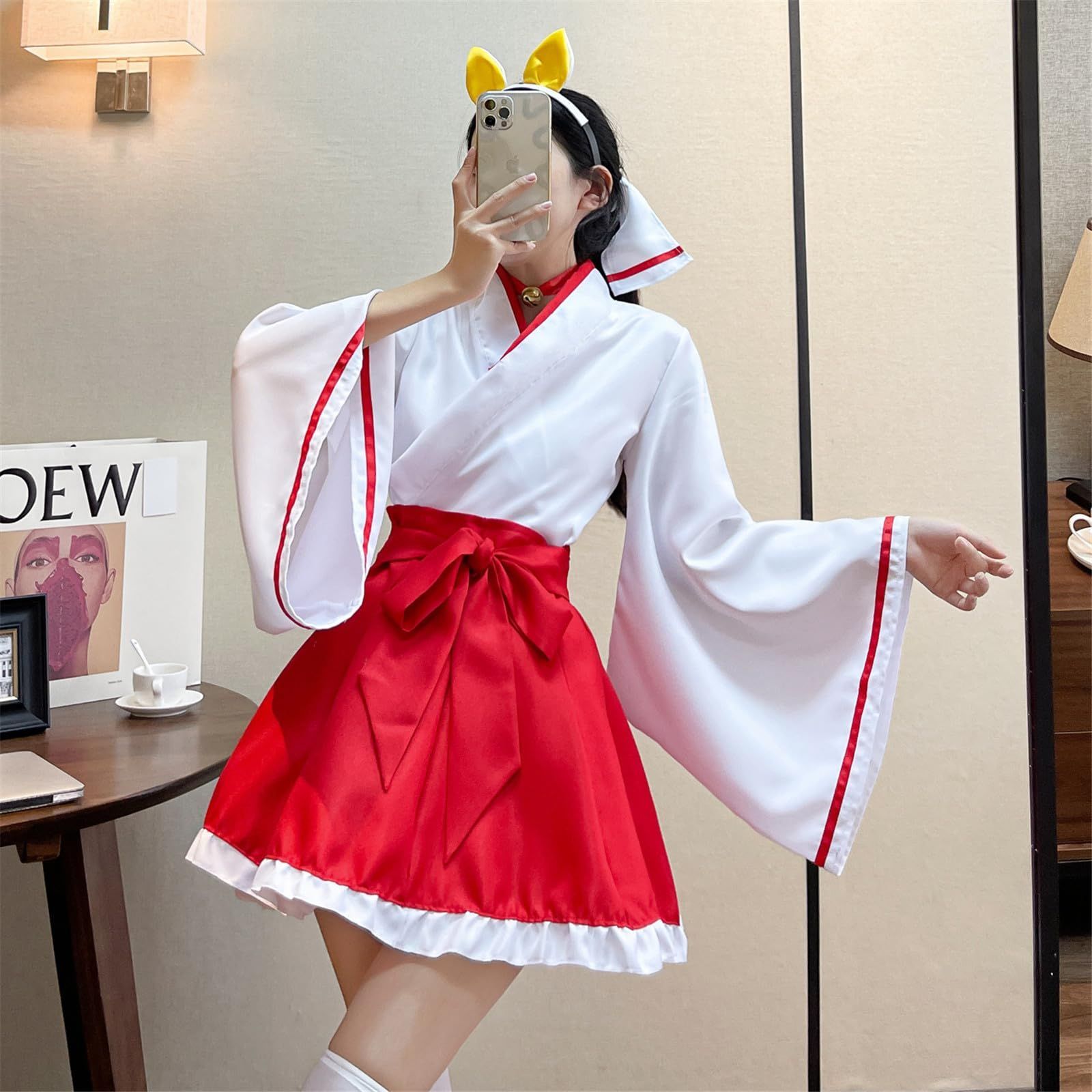 【数量限定】ゆったり レディース 可愛い 和服 蝶結び 和風 コスプレ ハロウィン 神社巫女 コスチューム 仮装 巫女服 学園祭 白 夢のなかの 赤 [LanBuff] 衣装