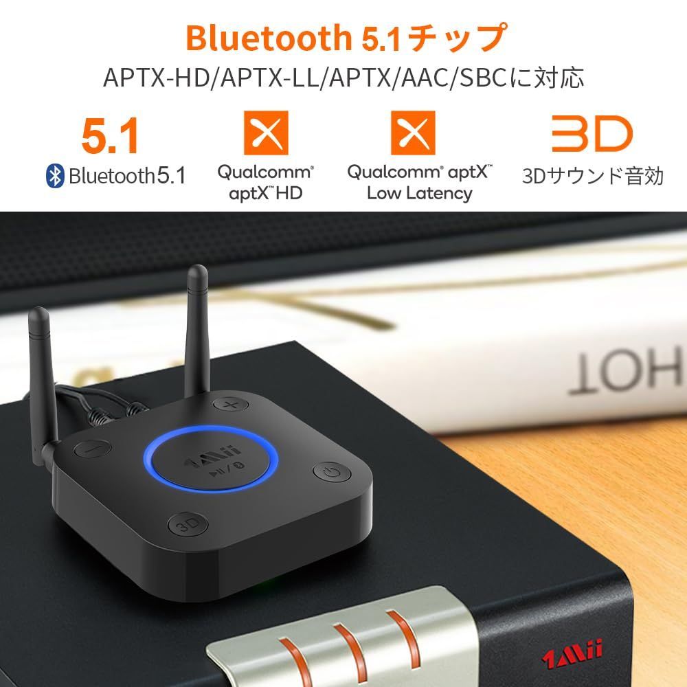 1Mii Bluetoothオーディオレシーバー 3.5mm|RCA|同軸|光デジタルブルートゥース 5.1レシーバー aptX HD|低遅延|apt-X|AAC|SBC HiFiBluetooth 受信機 3Dサラウンドダブルアンテナ設計 有線スピーカーまた