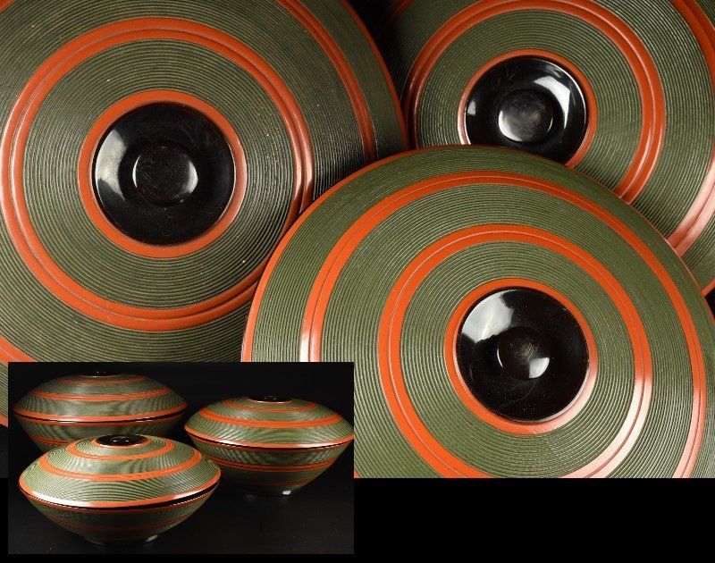 蔵C8205 独楽塗 入子行器 三ッ鉢 古民具