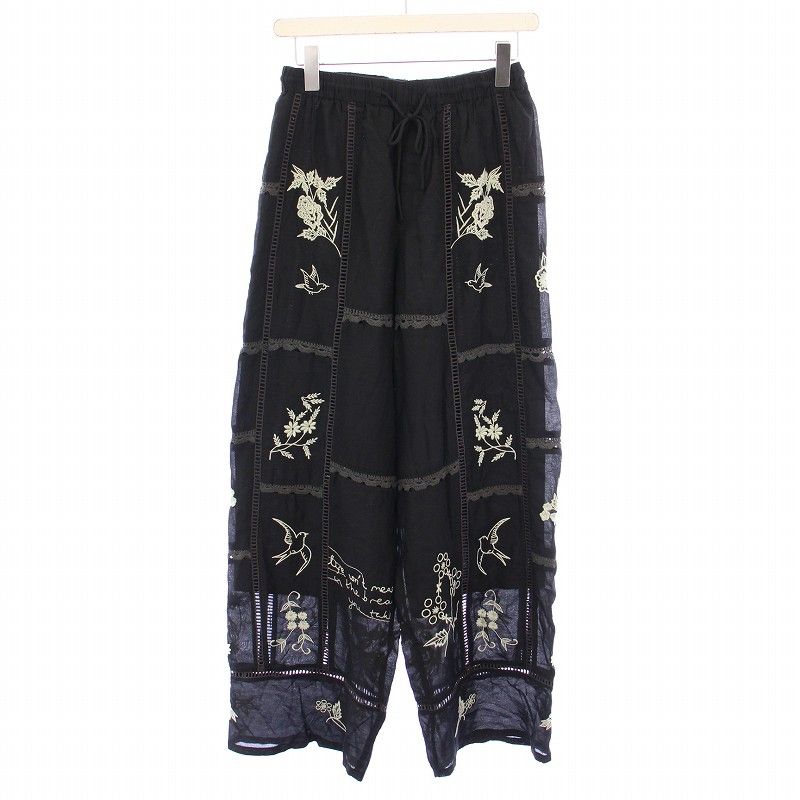 トゥデイフル TODAYFUL 25SS Embroidery Patchwork Trousers 刺繍パッチワークパンツ ワイド イージー ウエストゴム 総柄 38 黒 ブラック 12510701 |BB