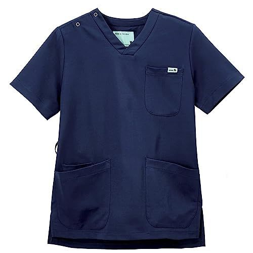 L_ネイビー [アンファミエ] moz ロゴ付き スクラブ なめらか ストレッチ 肩スナップ 男女兼用 形態安定 看護 介護 L ネイビー