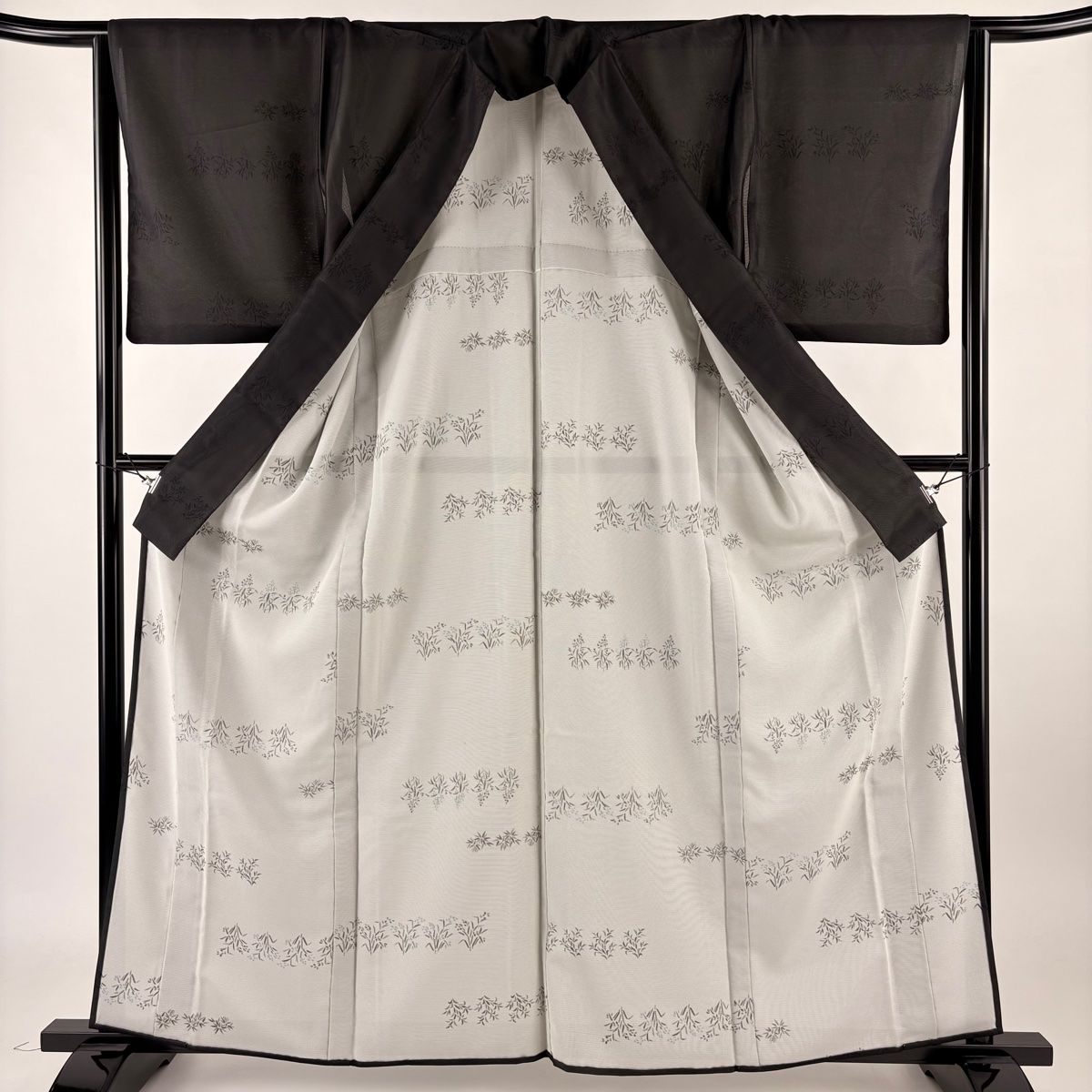 小紋 身丈161.5cm 裄丈63.5cm S 袷 名古屋帯セット 花唐草 草花 青灰色 正絹 美品 秀品 【中古】 【爆買い，送料無料】