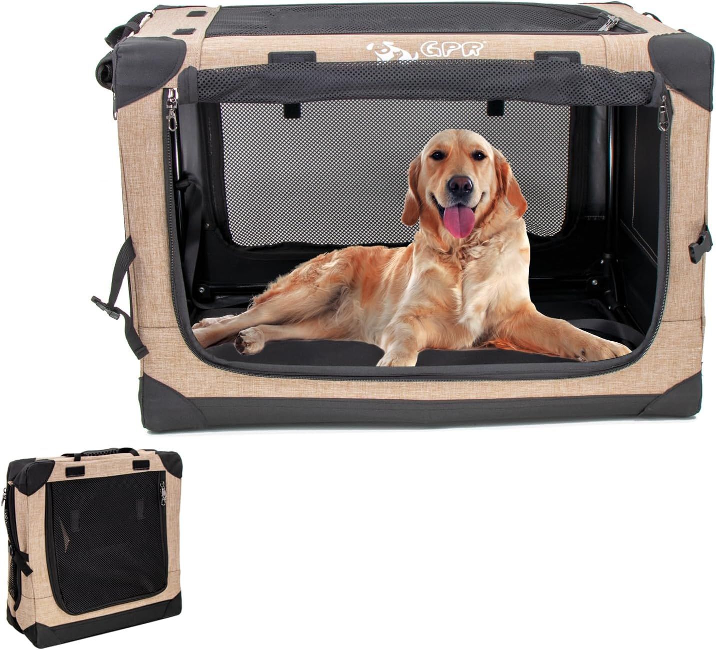 GPR ペット用ソフトクレート ペットキャリー ペットハウス 猫犬兼用 折りたたみ式 洗濯 取り外し カーキ XL