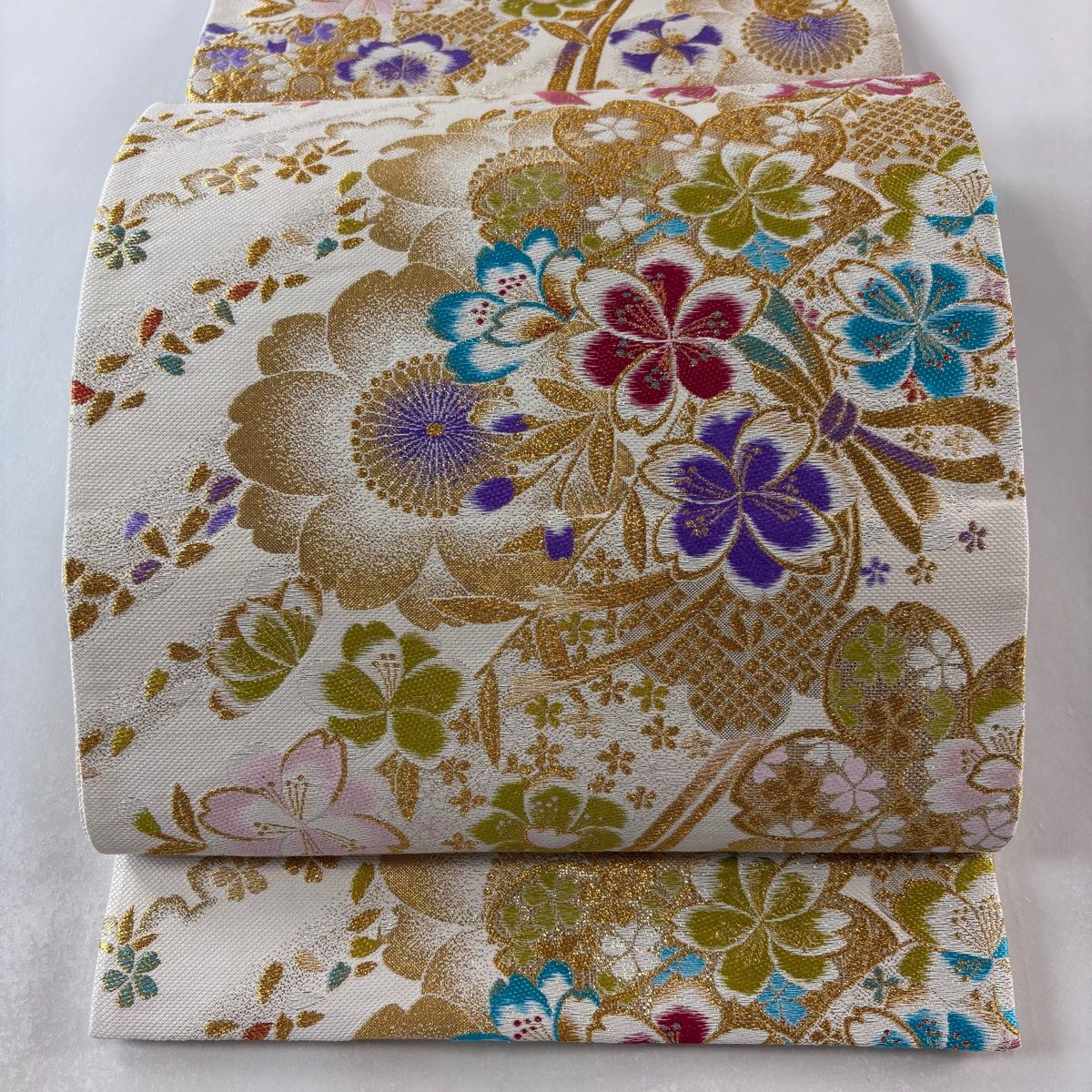 410my53◇水仙 蝶 花水木 タンポポ 金糸 六通 袋帯◇美品 袋帯 美品 秀品 振袖向き 桜 花びら 金糸 箔 クリーム 六通 正絹