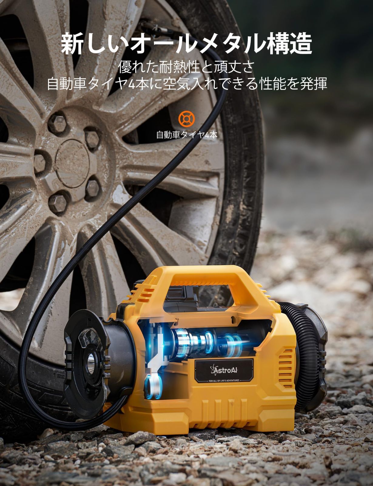 AstroAI エアコンプレッサー 車 空気入れ 電動空気入れ AC/DC/充電式バッテリー給電 160PSI / 1100KPa 電動エアーポンプ  バッテリーと充電器付き ポータブル 車タイヤ 自転車 バイク エアーベッド 浮き輪 パドリングプール 空気入れ - メルカリ