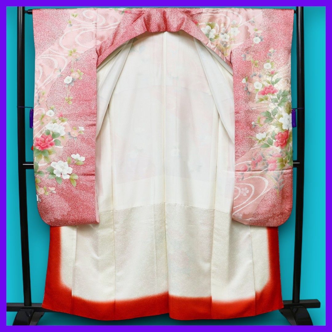 三日月とうさぎ a0708 正絹 振袖 観世水に優美な花模様 薪のり散らし 金彩加工 金通し地