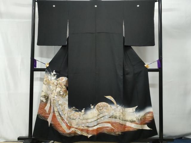 平和屋着物○豪華色留袖 作家物 雪輪飛鶴扇面草花文 暈