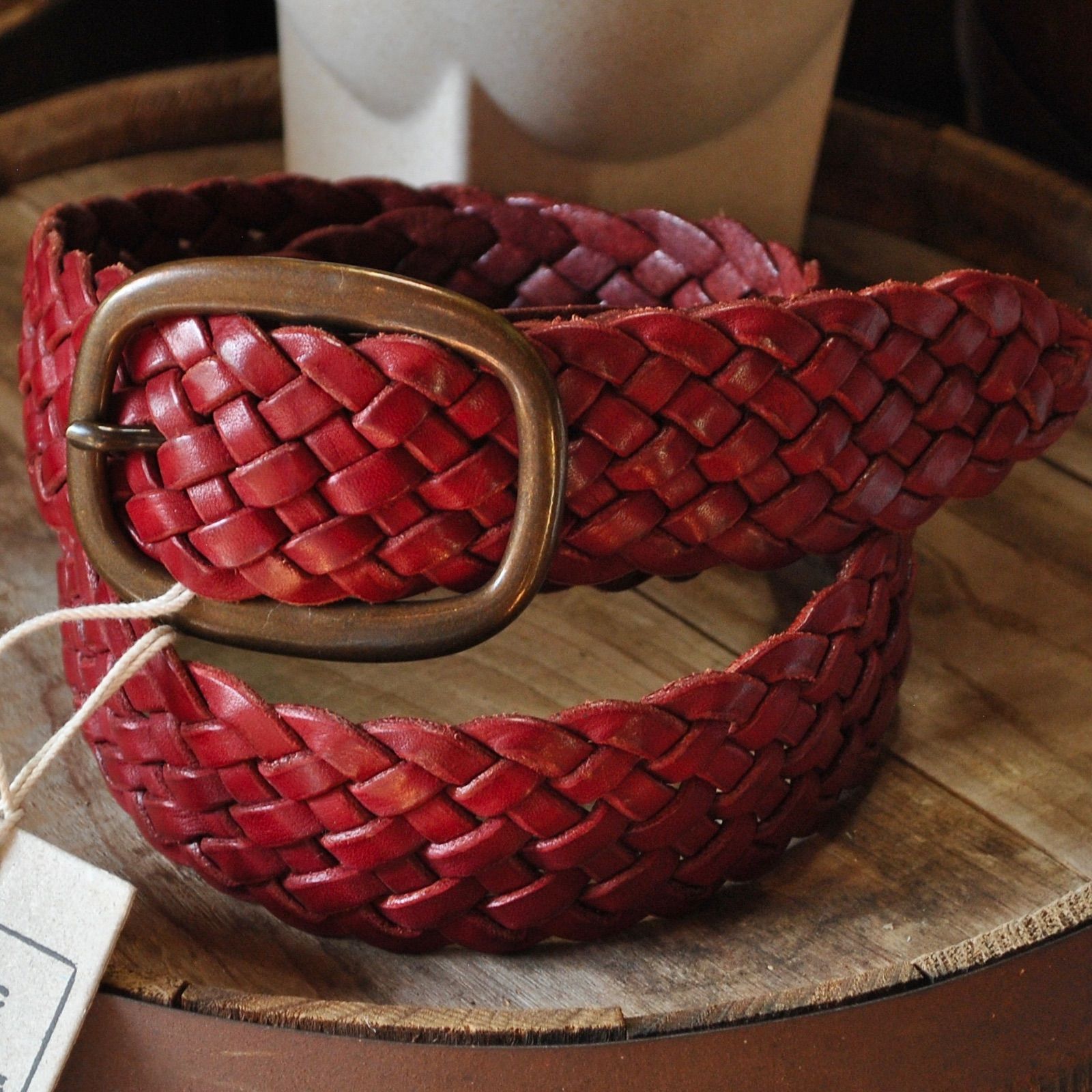 ZODIAC 40ミリ幅8本編みワイドメッシュベルト☆レッド☆本革製レザー  