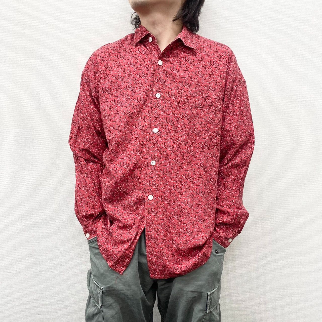 柄シャツ レディース 長袖 L 水色 未使用 古着 総柄 花柄 レトロ