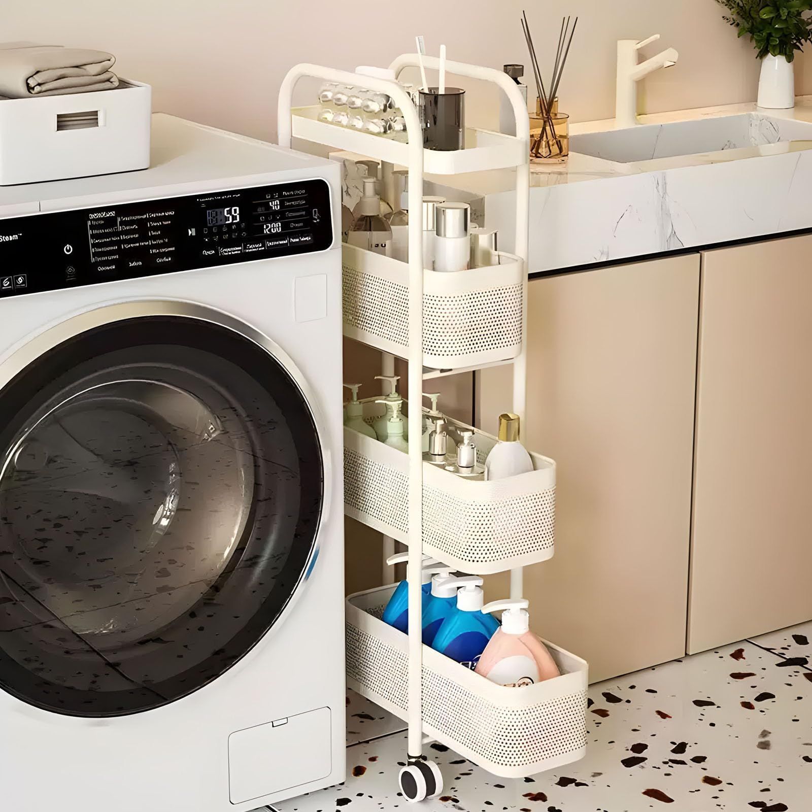 洗面所 台所 小物 省スペース 冷蔵庫横 バスケットラック 収納ワゴン 引き出し付き 移動式 360度キャスター付き 調味料ラック トイレラック 金属製多機能収納トロリー ホイール付き 4段ローリングユーティリティカート ラックペットボトル収納 幅15cm-