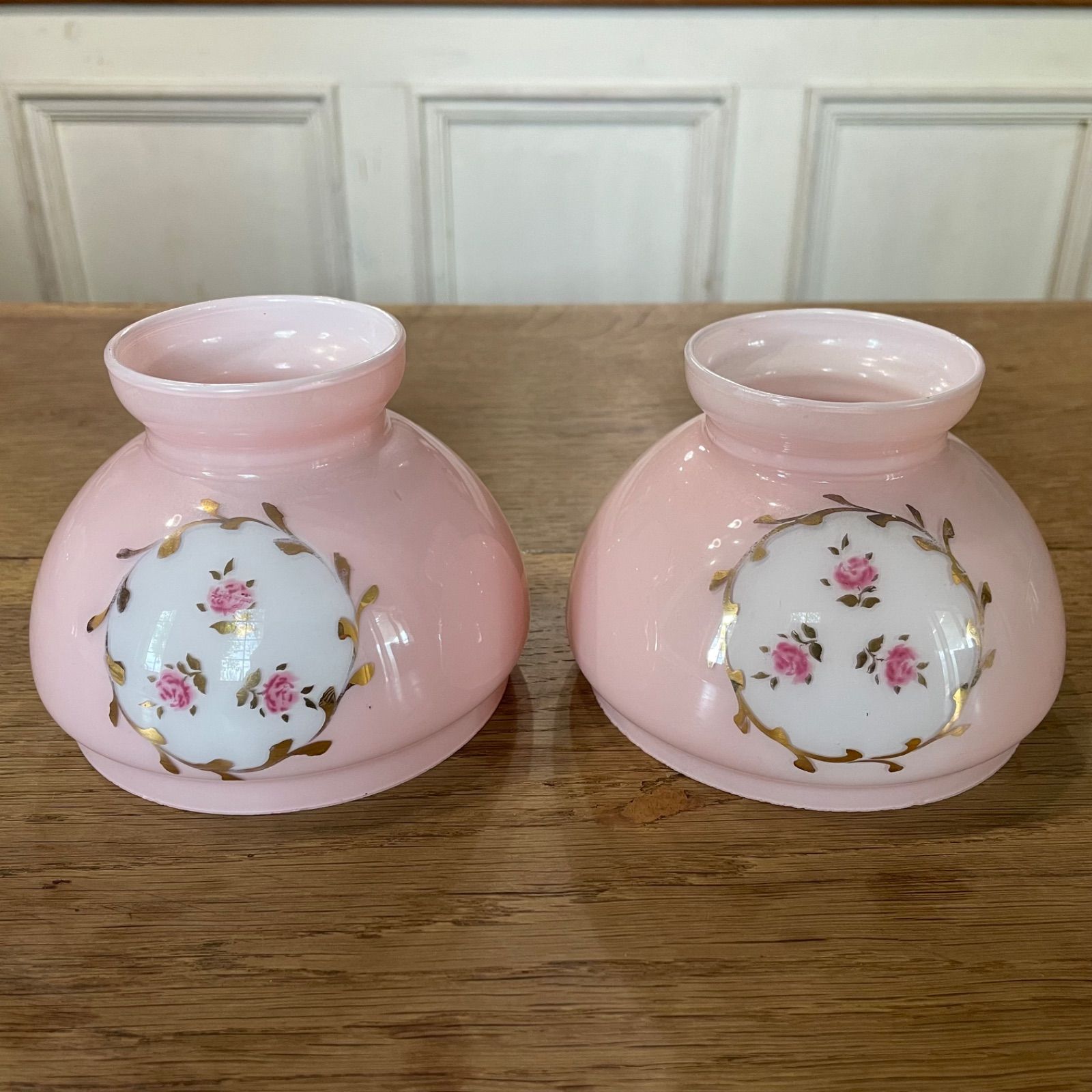 2個セット】フランスアンティーク ピンク オパリンガラス 小花 ランプ