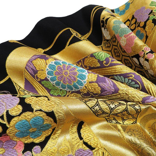 A15 美品　袋帯振袖用仕立て上がり　正絹◇緑×黒地　金　花柄　箔　リバシール 袋帯 振袖用 中古 リサイクル 正絹 フォーマル 仕立て上がり 六