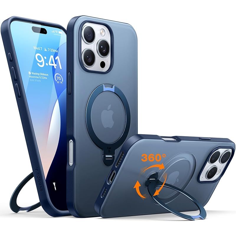 TORRAS iPhone 16 Pro 用 ケース 多機能一体 360°新定点回転スタンド Magsafe対応 Ostand Q3 Spin 高耐久性 耐衝撃 ゼンマイ式スタンド リング 縦横両対応 マグネット搭載 急速充電対応 指紋防止 ブルー