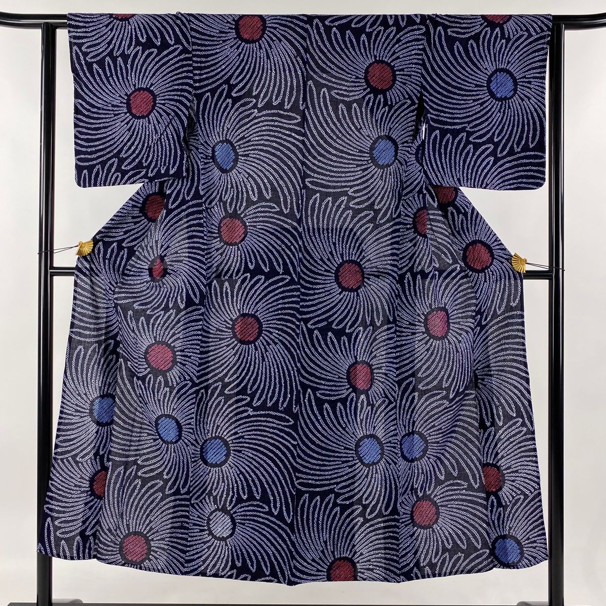 浴衣 身丈148cm 裄丈61cm S 絞り浴衣 花 濃紺 綿 名品