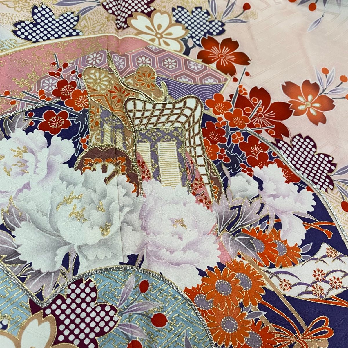 美品 本振袖 水色 金彩加工 枝花 身丈172.5cm トールサイズ フォーマル 振袖 身丈169cm 裄丈66.5cm M 袷 袋帯フルセット 枝梅 流水 金糸