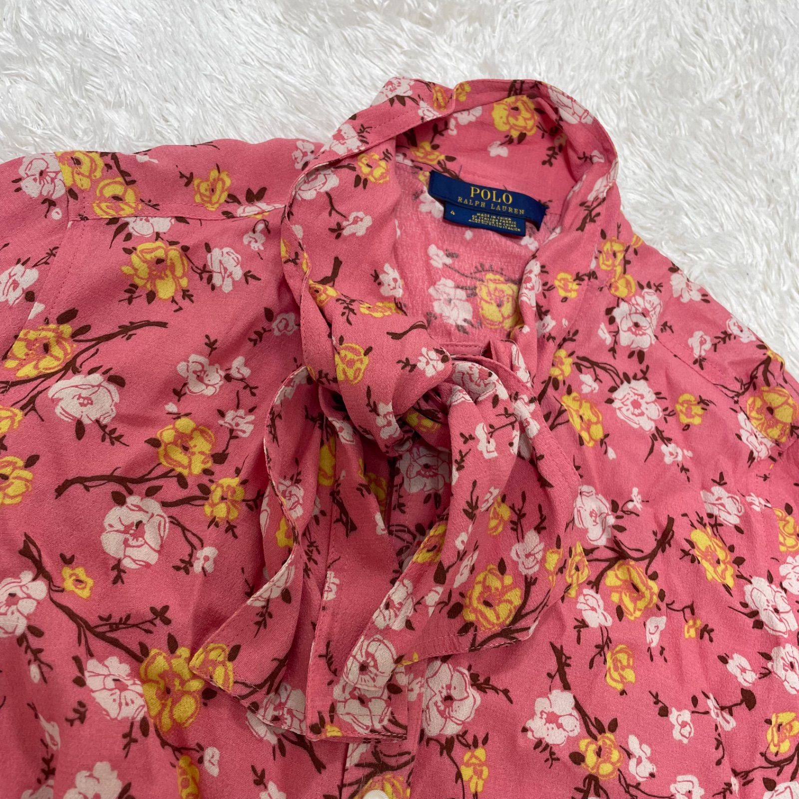 ポロラルフローレン○極美品○シフォンボウタイフレアワンピース 総花