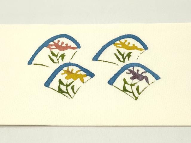 平和屋着物○塩瀬 九寸名古屋帯 絞り 型染め 扇面花間道 象牙色 正絹