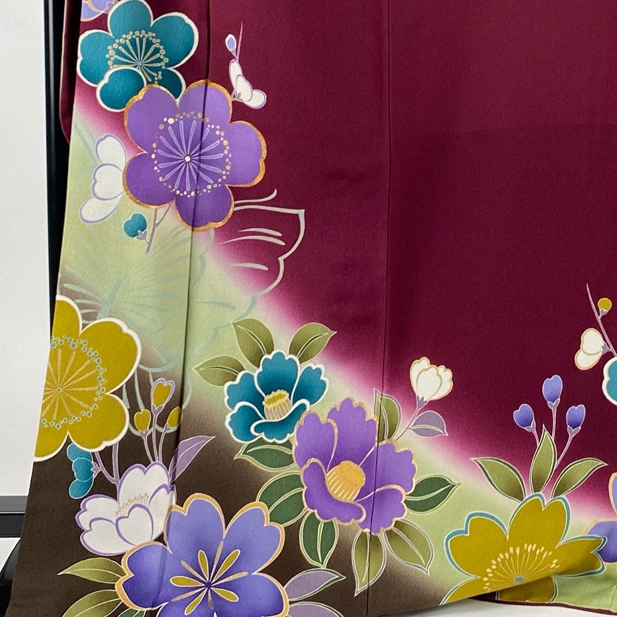 振袖 身丈172cm 裄丈70.5cm L 袷 梅 椿 金彩 ぼかし 赤紫 正絹 名品  