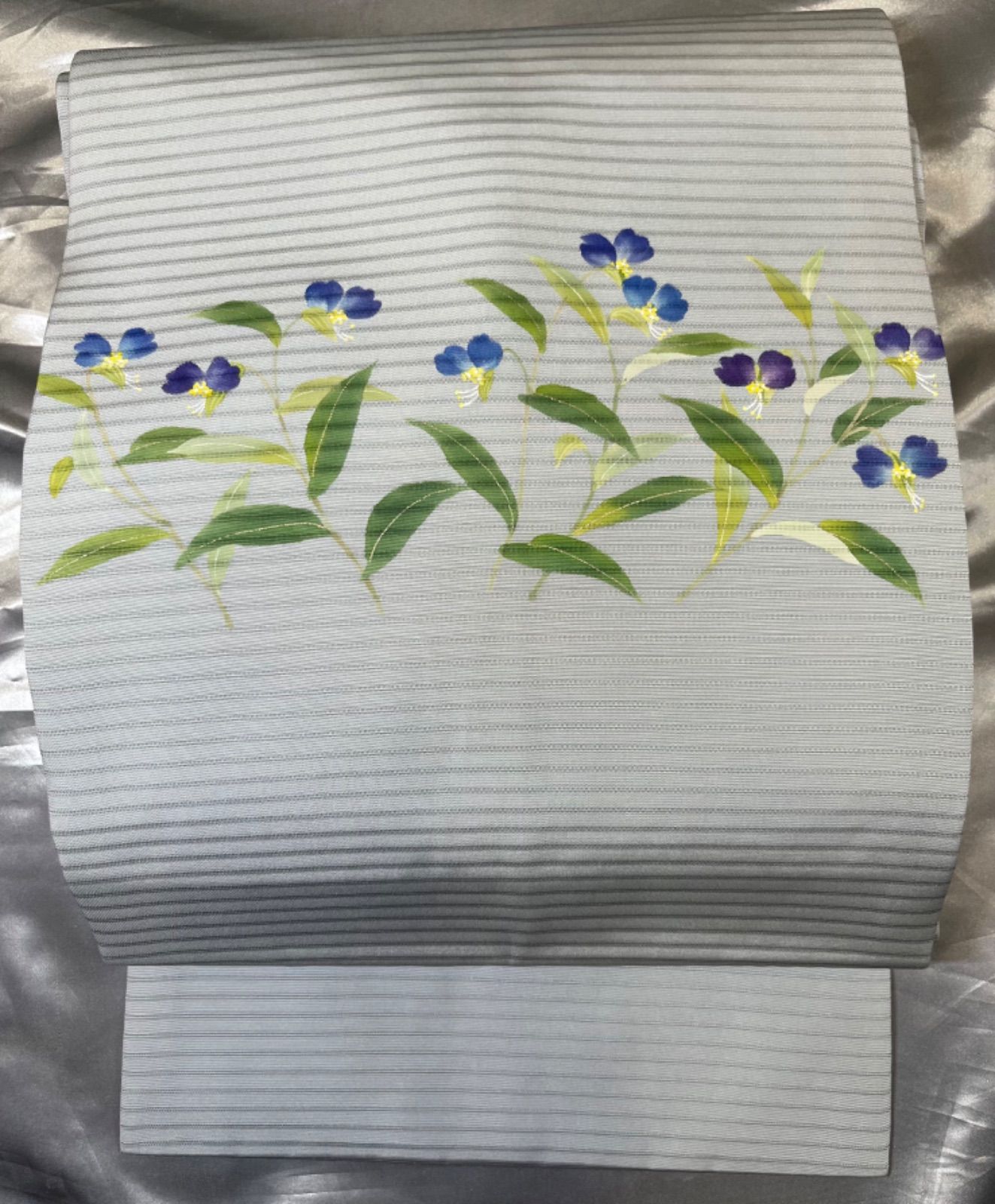 夏帯超豪華絢爛綺麗美品長さ379cm絽Gグレーつゆ草正絹名古屋帯（未 