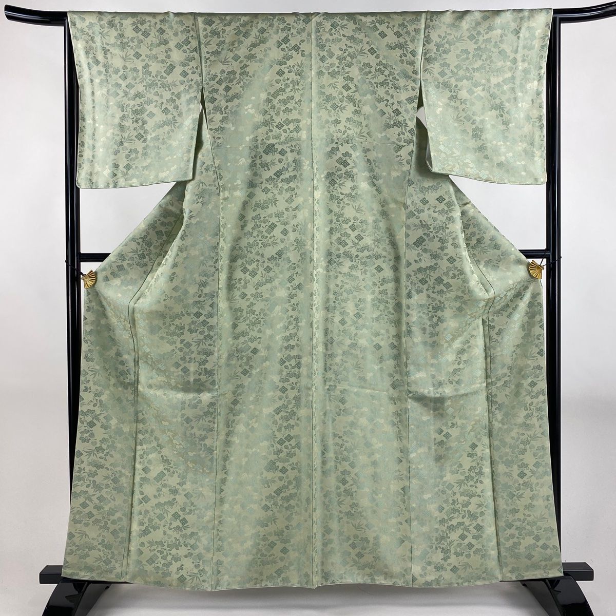 お召 身丈161cm 裄丈65cm M 袷 桐 菱 薄緑 正絹