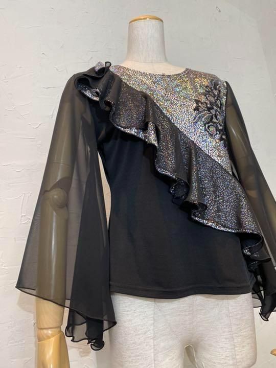 ゴージャス 箔プリントフリルスパンコールツーピースｍｒ1215