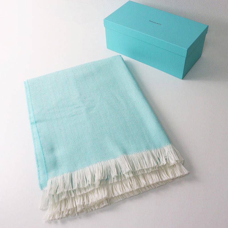 ティファニー Tiffany - Co ウール100 大判ブランケット ストール ヘリンボーン 183X137cm ティファニーブルー 2400014402025