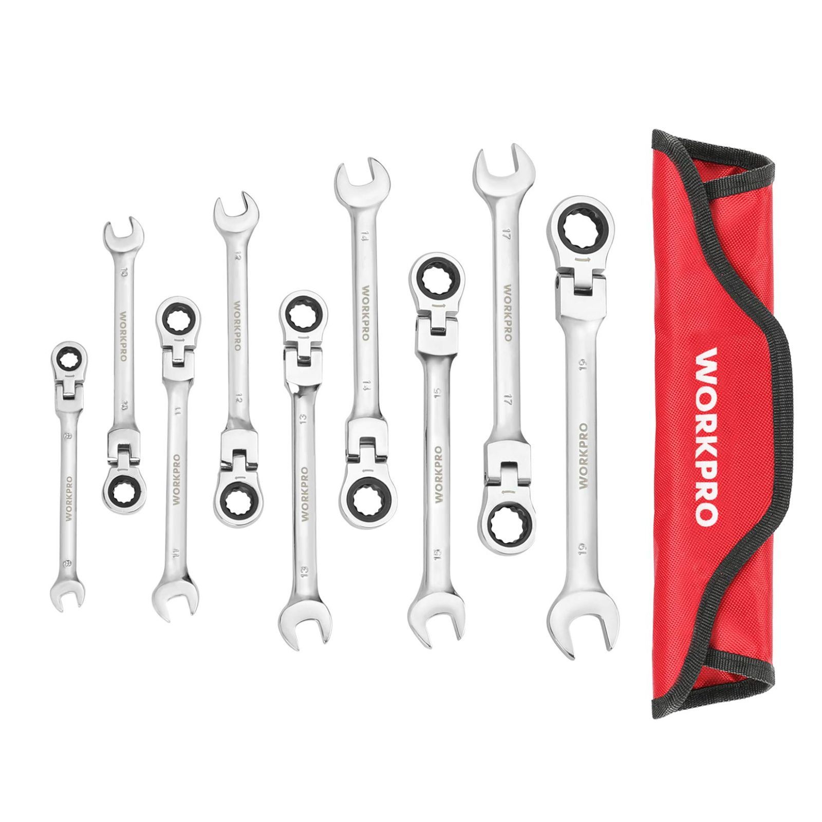 WORKPRO フレックスラチェットレンチ コンビネーションレンチ 首振り 8～19mm 72ギア 9本組 スパナ 組み立て 自動車修理 メンテナンス いじり DIY用 収納バッグ付